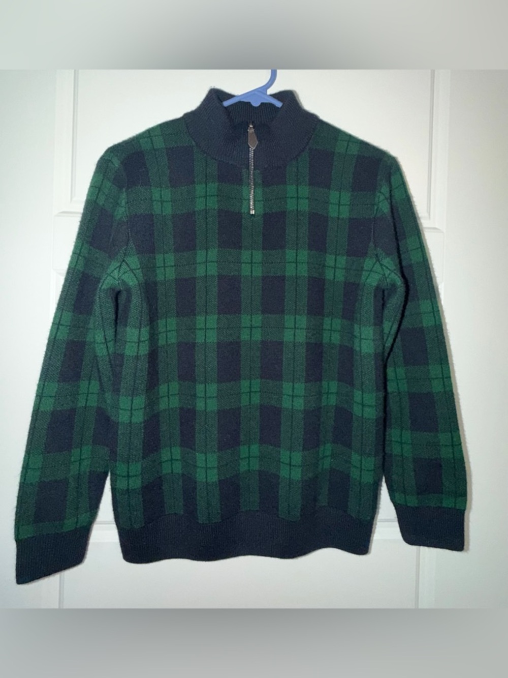 NWOT Class Club Green & navy Plaid Half-Zip Sweater
